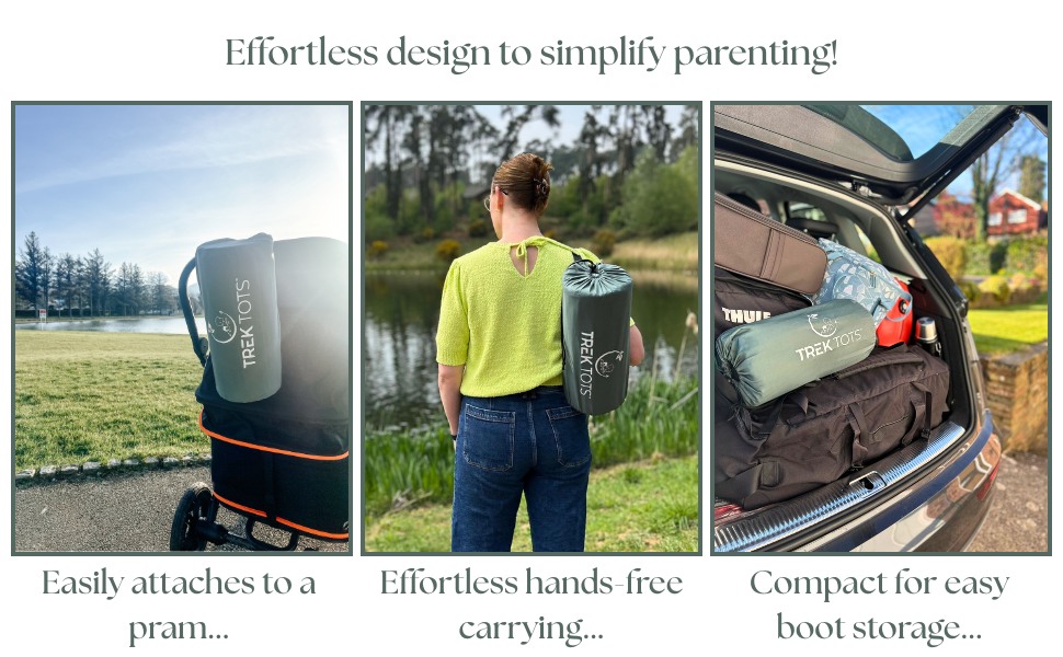 Travel play mat, attach to pram, hands-free carrying and compact for easy storage